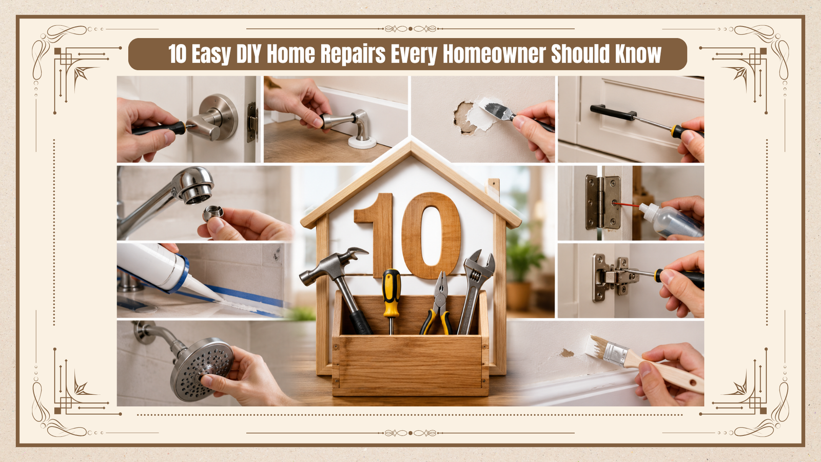 Homeowner performing simple DIY home repairs including fixing a door handle, repairing a wall hole, replacing a faucet aerator, and touching up paint around the house.